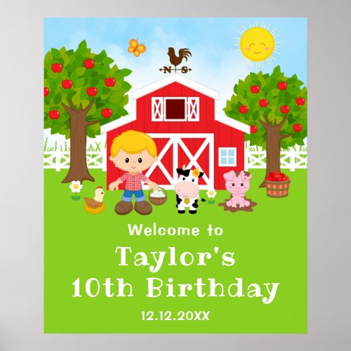 Farm Red Barn Blonde Hair Boy Birthday Welcome Poster