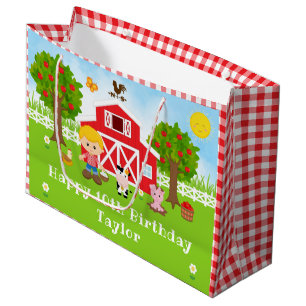 Farm Red Barn Blonde Hair Boy Happy Birthday Large Gift Bag