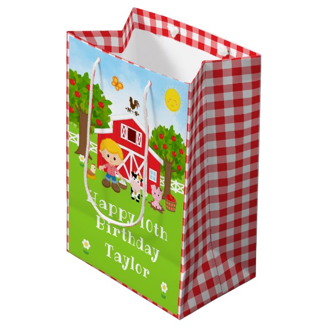 Farm Red Barn Blonde Hair Boy Happy Birthday Medium Gift Bag (Front Angled)