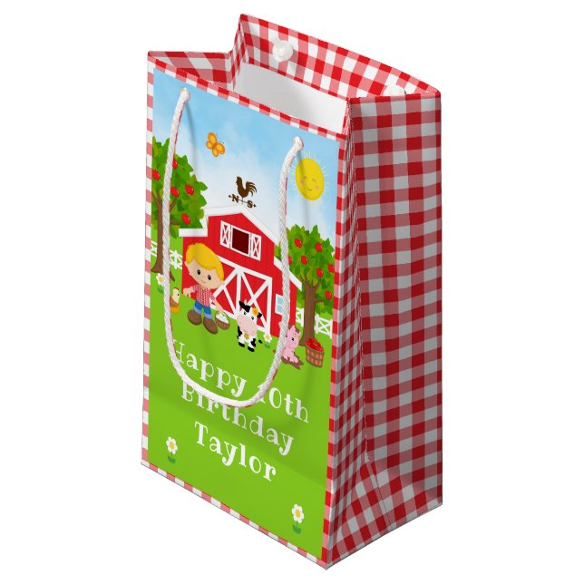 Farm Red Barn Blonde Hair Boy Happy Birthday Small Gift Bag (Front Angled)