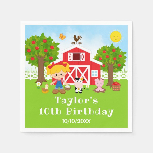 Farm Red Barn Blonde Hair Girl Birthday Party Napkins (Front)