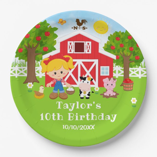 Farm Red Barn Blonde Hair Girl Birthday Party Paper Plates (Front)