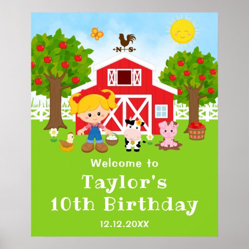 Farm Red Barn Blonde Hair Girl Birthday Welcome Poster