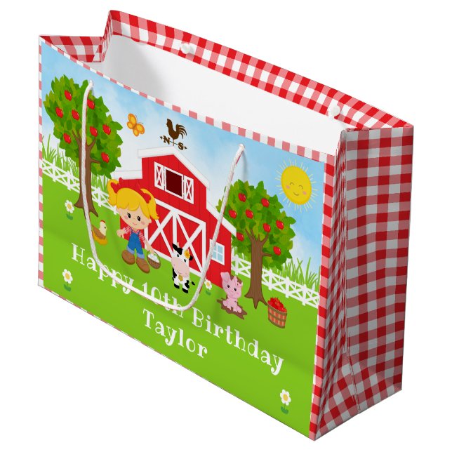 Farm Red Barn Blonde Hair Girl Happy Birthday Large Gift Bag (Front Angled)