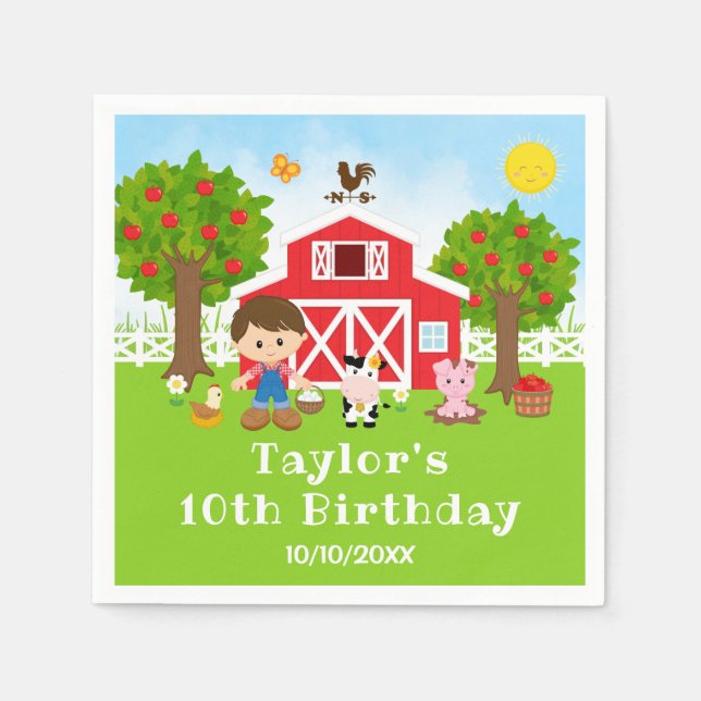 Farm Red Barn Brown Hair Boy Birthday Party Napkins (Front)
