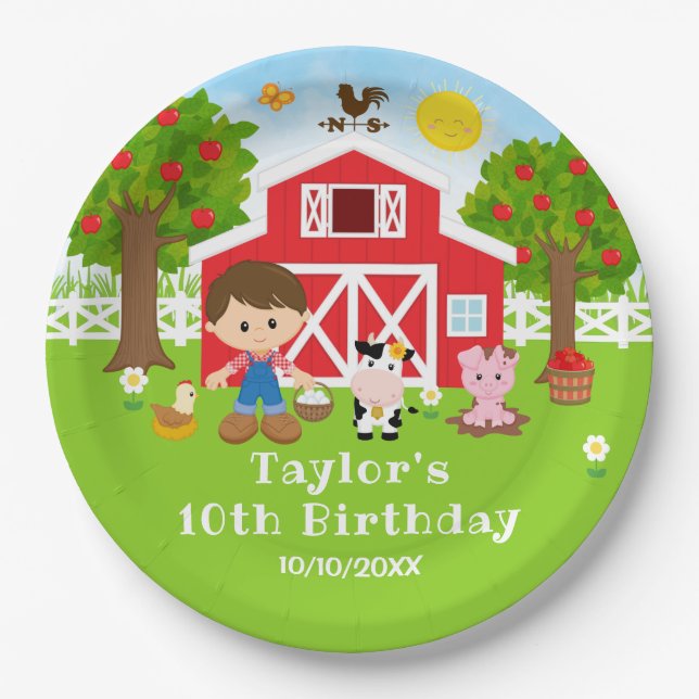 Farm Red Barn Brown Hair Boy Birthday Party Paper Plates (Front)