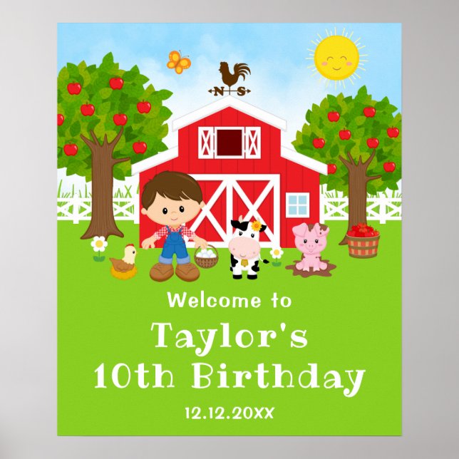 Farm Red Barn Brown Hair Boy Birthday Welcome Poster (Front)