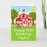 Farm Red Barn Brown Hair Boy Happy Birthday Card<br><div class="desc">This cute and fun birthday card can be personalized with a name or title such as son, grandson, nephew, friend etc. It features a brown hair boy with fair skin beside a red barn with a rooster wind vane. There are adorable farm animals such as a cow, pig and hen....</div>