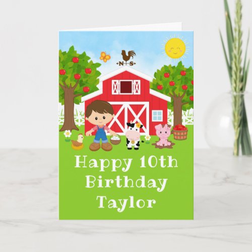 Farm Red Barn Brown Hair Boy Happy Birthday Card