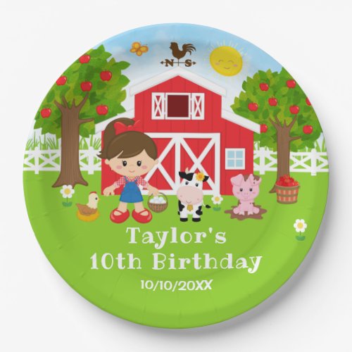 Farm Red Barn Brown Hair Girl Birthday Party Paper Plates