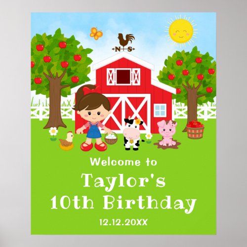 Farm Red Barn Brown Hair Girl Birthday Welcome Poster