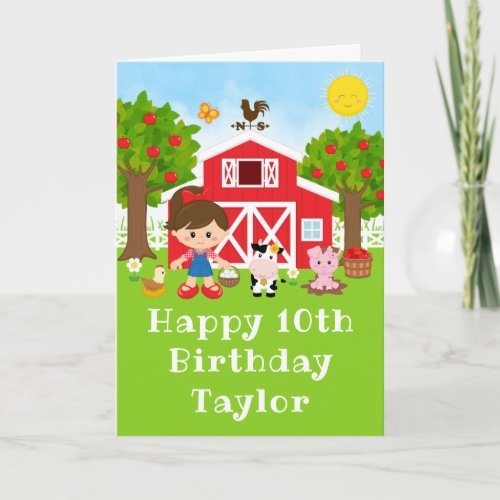 Farm Red Barn Brown Hair Girl Happy Birthday Card