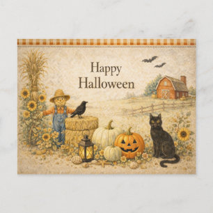 Farm Red Barn Halloween Holiday Postcard