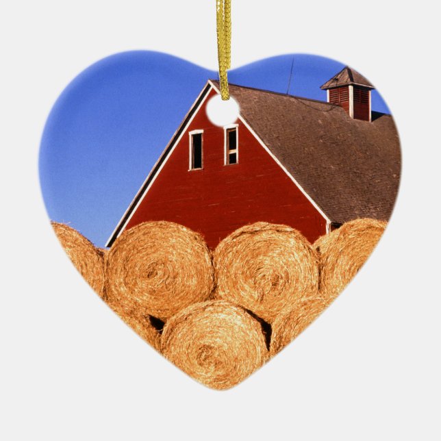 Farm Red Barn Hay Bales Ceramic Ornament (Front)