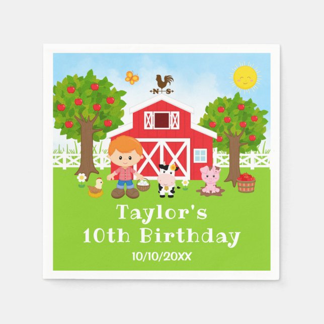 Farm Red Barn Red Hair Boy Birthday Party Napkins (Front)