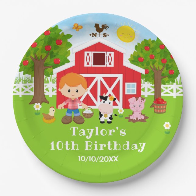 Farm Red Barn Red Hair Boy Birthday Party Paper Plates (Front)