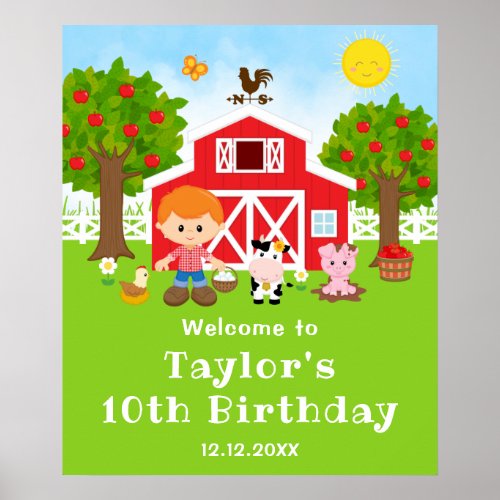 Farm Red Barn Red Hair Boy Birthday Welcome Poster