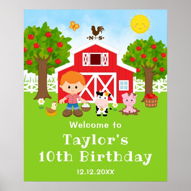 Farm Red Barn Red Hair Boy Birthday Welcome Poster (Front)