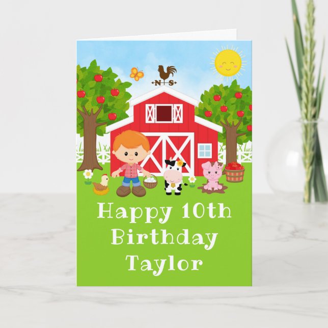 Farm Red Barn Red Hair Boy Happy Birthday Card (Front)