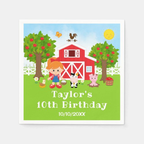Farm Red Barn Red Hair Girl Birthday Party Napkins