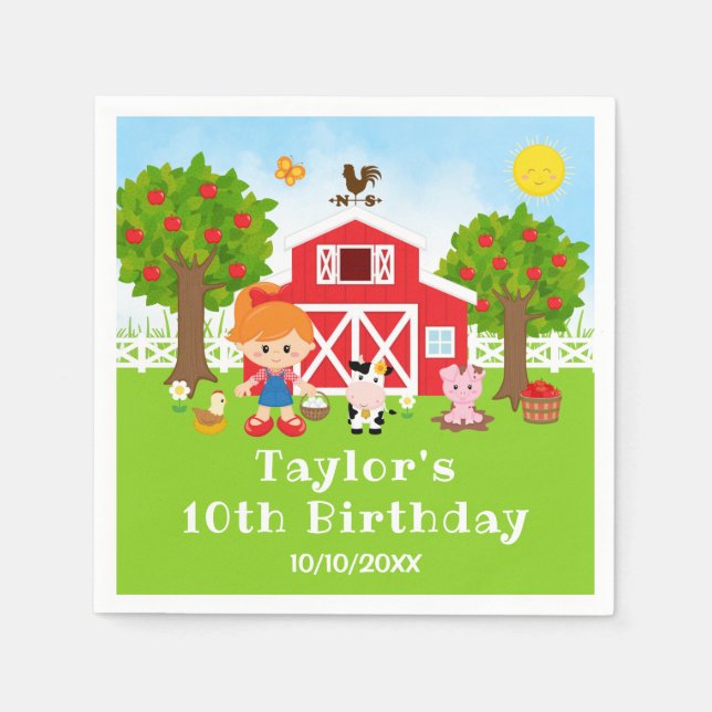 Farm Red Barn Red Hair Girl Birthday Party Napkins (Front)