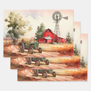Farm Red Barn Tractor Landscape Decoupage Wrapping Paper Sheets