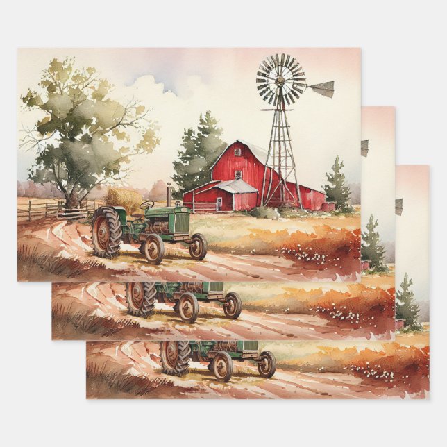 Farm Red Barn Tractor Landscape Decoupage Wrapping Paper Sheets (Set)