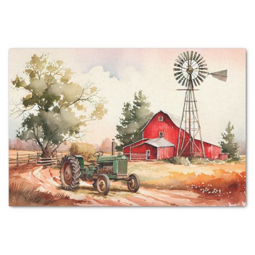 Farm Red Barn Tractor Landscape Tissue Paper