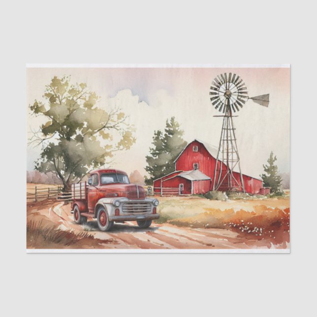 Farm Red Barn Truck Landscape Tissue Paper (Front)