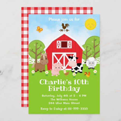 Farm Red Barnyard Animals Birthday Party Invitation