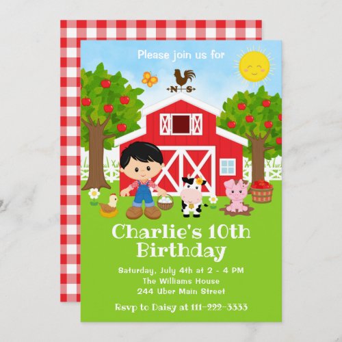 Farm Red Barnyard Birthday Black Hair Boy Invitation