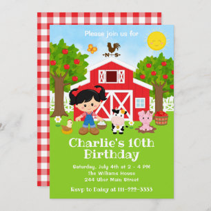 Farm Red Barnyard Birthday Black Hair Girl Invitation