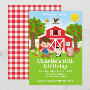 Farm Red Barnyard Birthday Brown Hair Boy Invitation