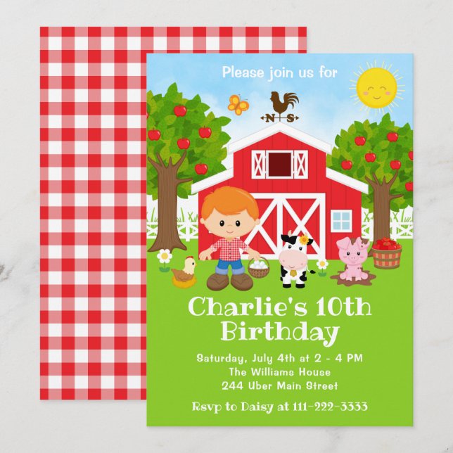 Farm Red Barnyard Birthday Red Hair Boy Invitation (Front/Back)