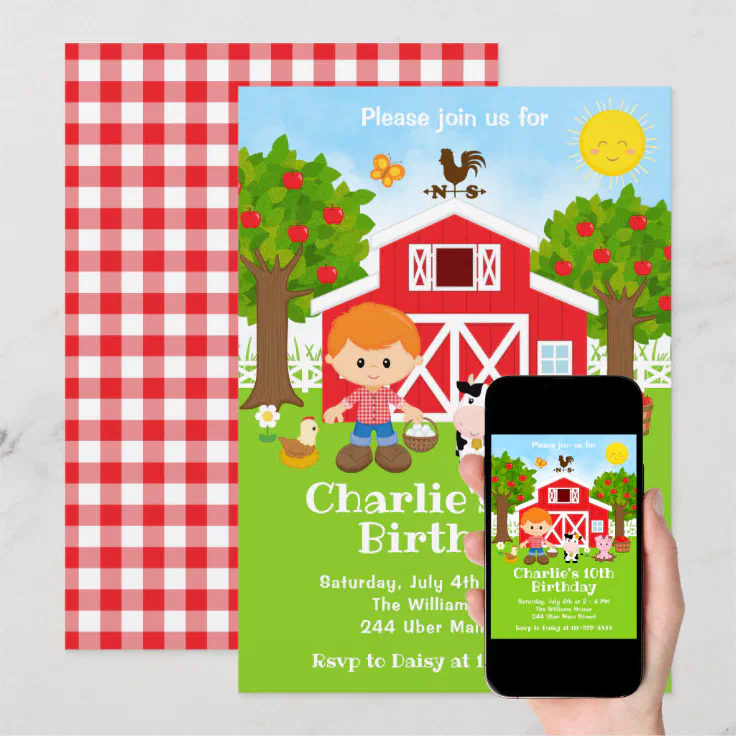 Farm Red Barnyard Birthday Red Hair Boy Invitation | Zazzle