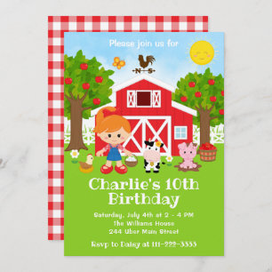 Farm Red Barnyard Birthday Red Hair Girl Invitation