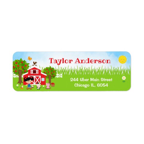 Farm Red Barnyard Black Hair Girl Label