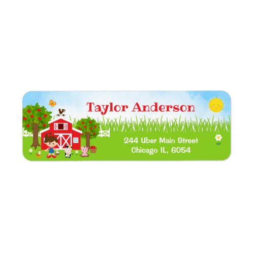 Farm Red Barnyard Brown Hair Girl Label