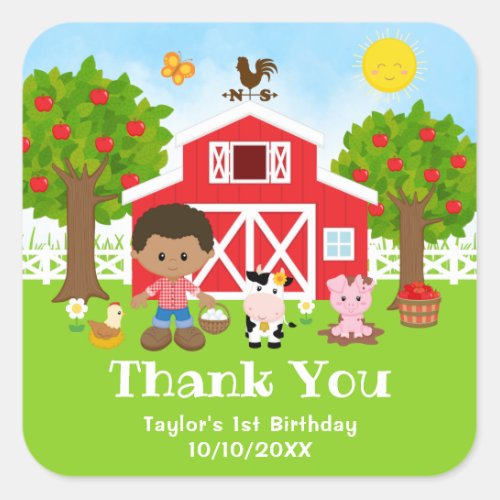 Farm Red Birthday African American Boy Thank You Square Sticker