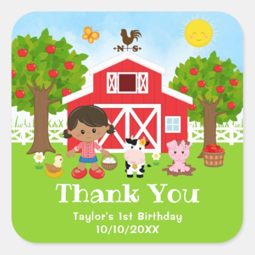 Farm Red Birthday African American Girl Thank You Square Sticker