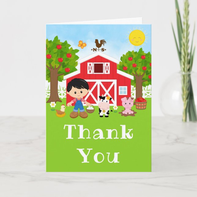 Farm Red Birthday Black Hair Boy Thank You Card (Front)
