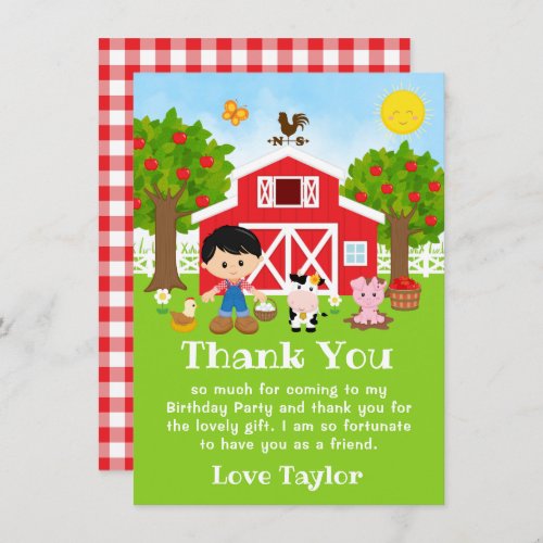 Farm Red Birthday Black Hair Boy Thank You Card