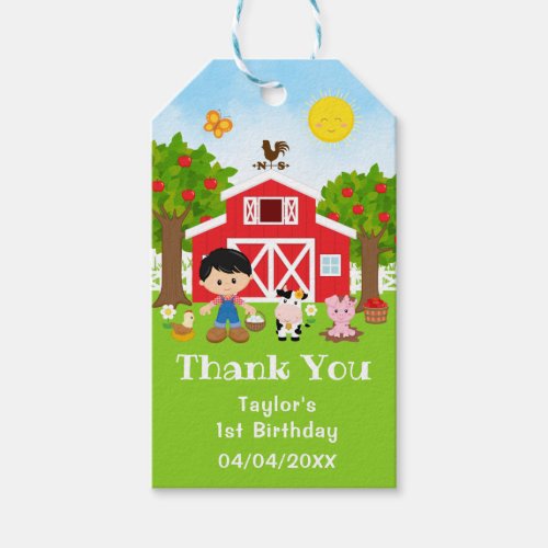 Farm Red Birthday Black Hair Boy Thank You Gift Tags