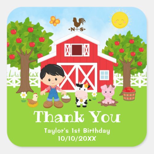 Farm Red Birthday Black Hair Boy Thank You Square Sticker