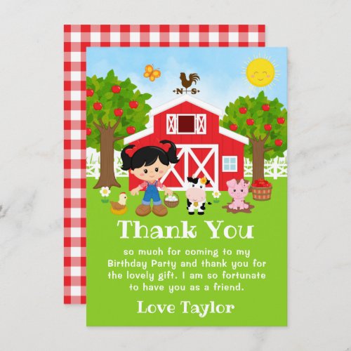 Farm Red Birthday Black Hair Girl Thank You Card