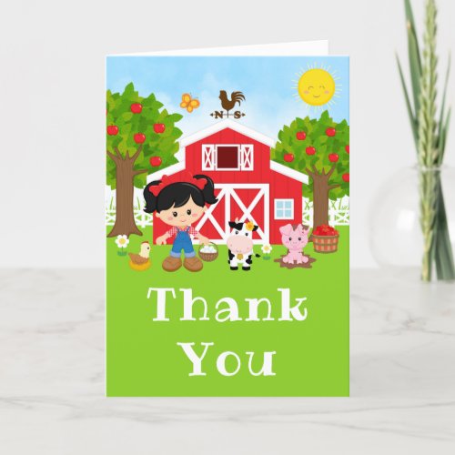 Farm Red Birthday Black Hair Girl Thank You Card