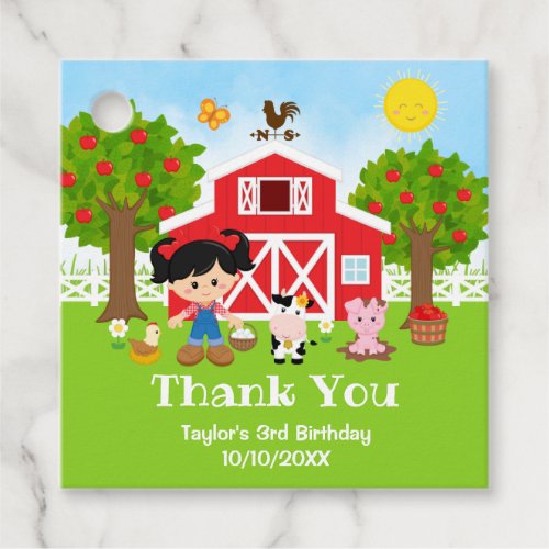 Farm Red Birthday Black Hair Girl Thank You Favor Tags