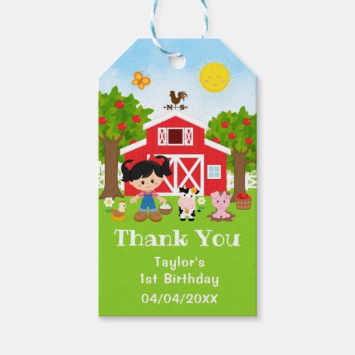 Farm Red Birthday Black Hair Girl Thank You Gift Tags