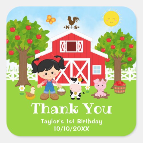 Farm Red Birthday Black Hair Girl Thank You Square Sticker