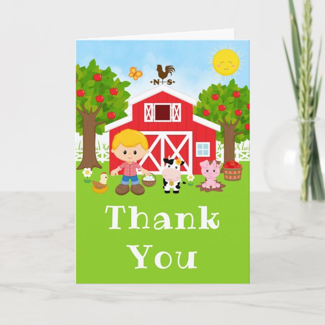 Farm Red Birthday Blonde Hair Boy Thank You Card (Front)